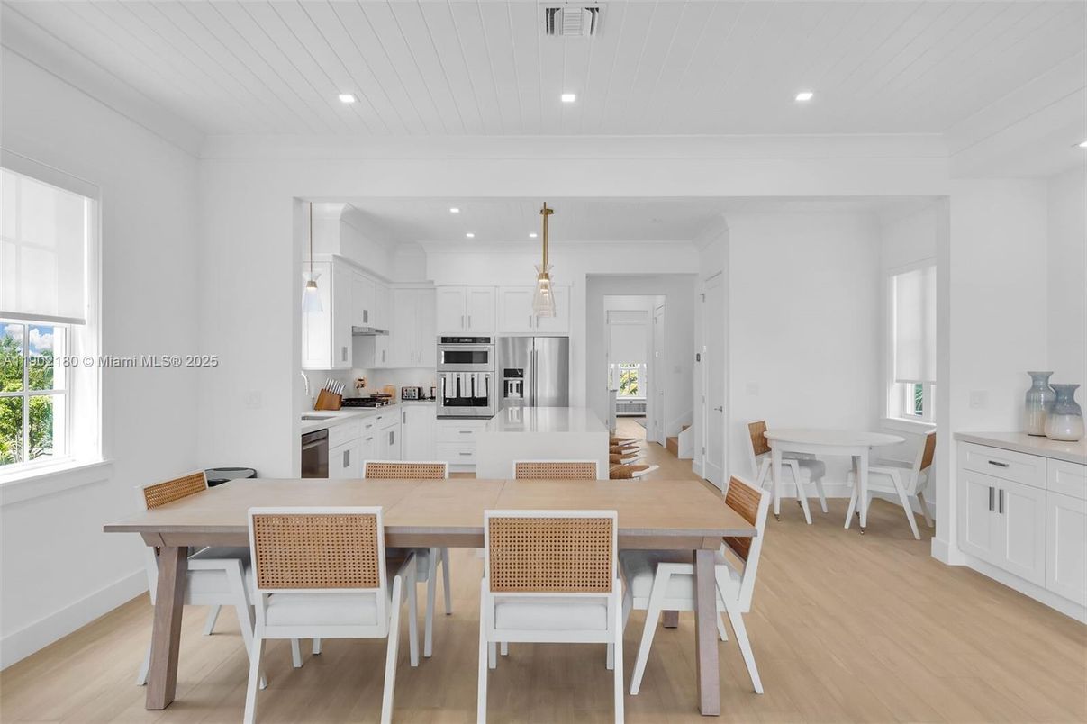Dining room, Interior, Kitchen, Recessed Lighting, Stainless Steel Appliances, Wood Texture Flooring