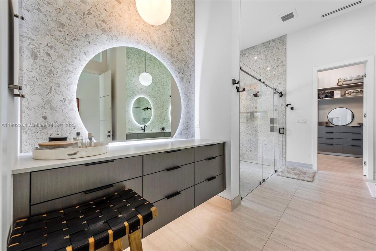 Bathroom, Dual Sink Vanities, Glass Shower, Interior, Pendant Lights