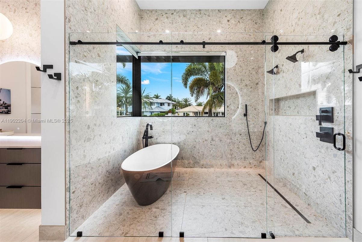 Bathroom, Free Standing Baths, Glass Shower, Interior, Marble Walls, Recessed Lighting