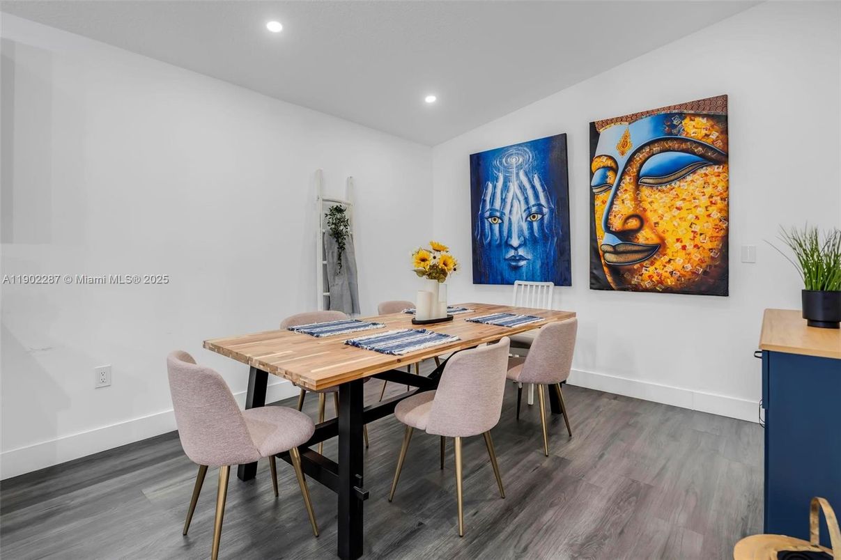Dining room, Interior, Recessed Lighting, Wood Texture Flooring