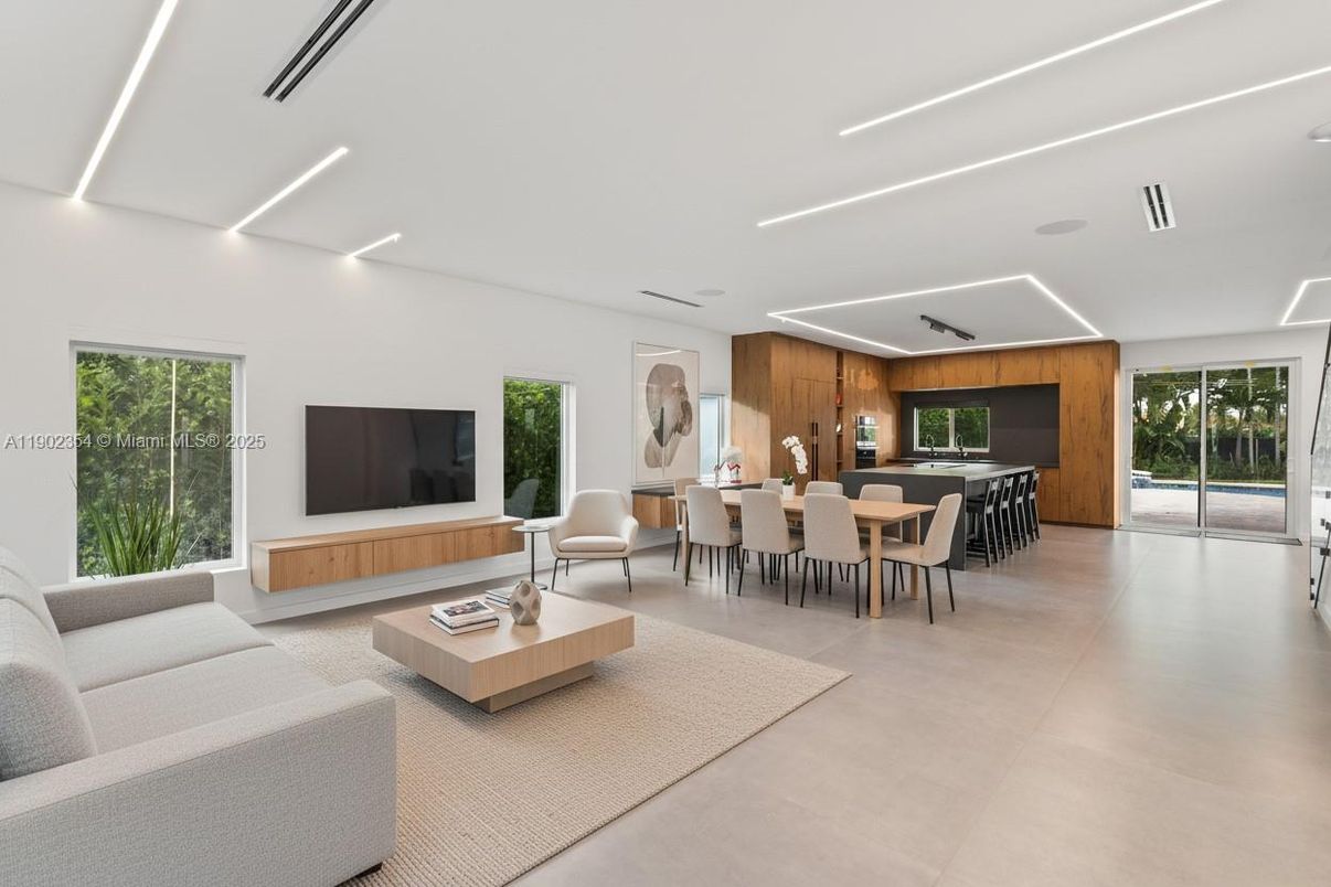 Dining room, Interior, Kitchen, Living room, Recessed Lighting, Wooden Walls