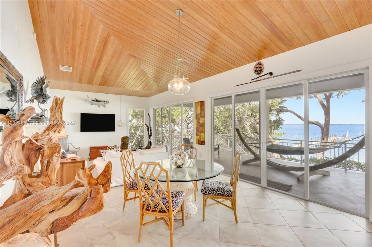 Dining room, Interior, Pendant Lights, Water, Wooden Ceilings