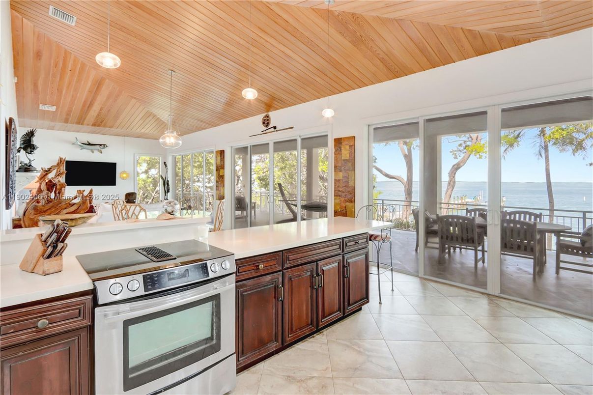 Dining room, Interior, Kitchen, Pendant Lights, Water, Wooden Ceilings