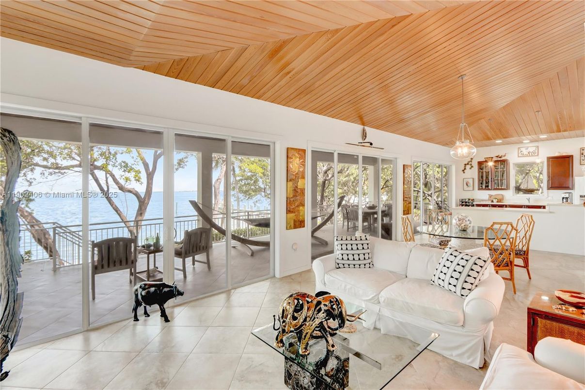 Dining room, Interior, Living room, Pendant Lights, Sun Room, Water, Wooden Ceilings