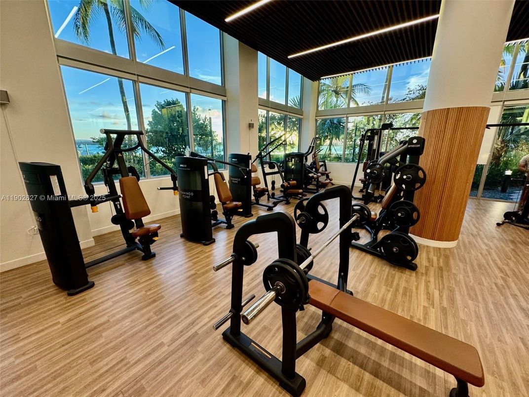 Fitness Equipment, Gym, Interior, Water, Wood Texture Flooring