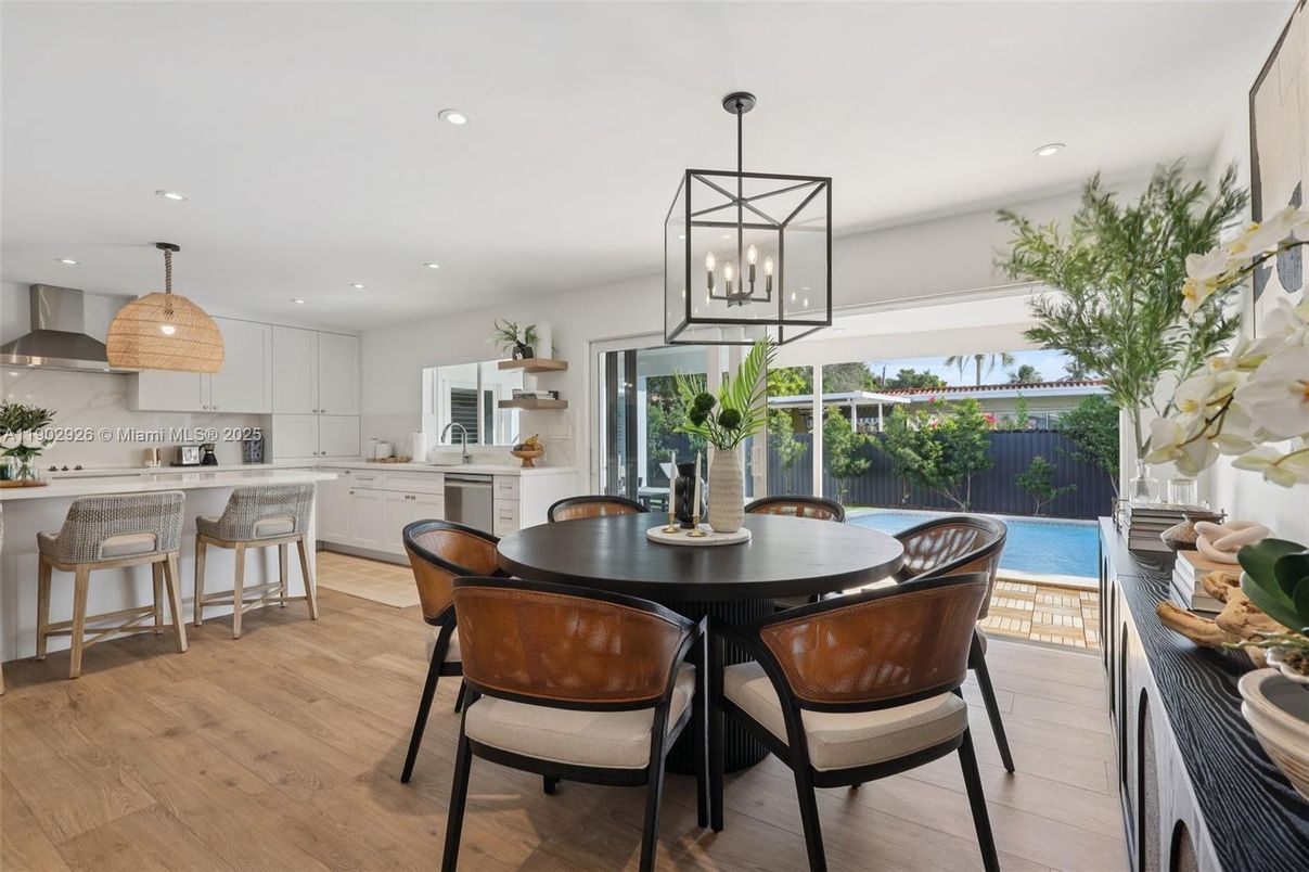Dining room, Interior, Kitchen, Pendant Lights, Recessed Lighting, Stainless Steel Appliances, Wood Texture Flooring