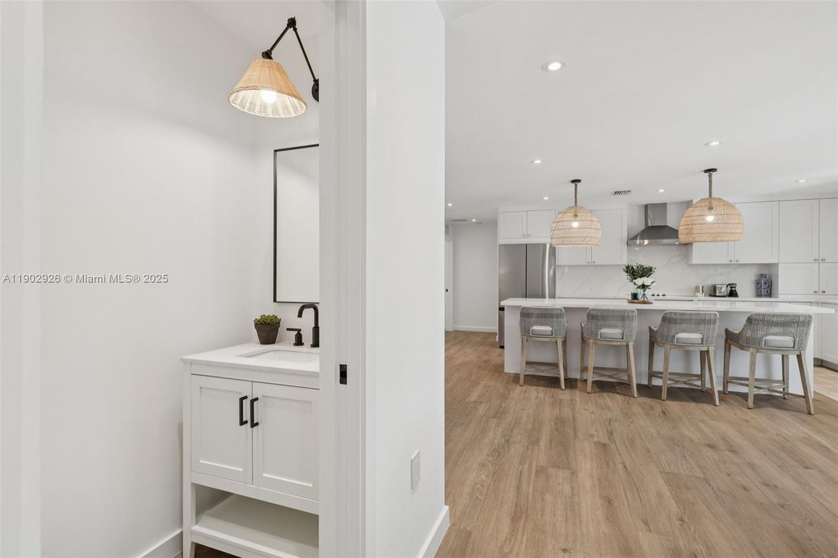 Interior, Kitchen, Pendant Lights, Recessed Lighting, Wood Texture Flooring