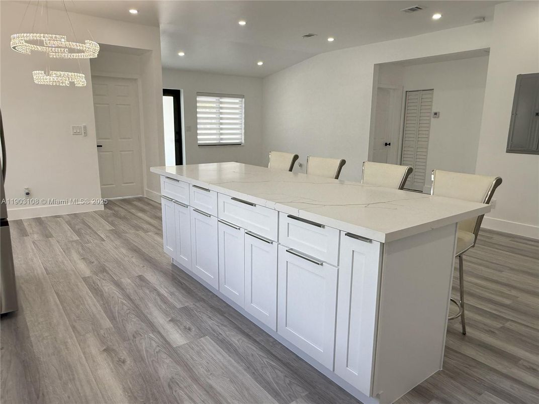 Dining room, Interior, Pendant Lights, Recessed Lighting, Wood Texture Flooring