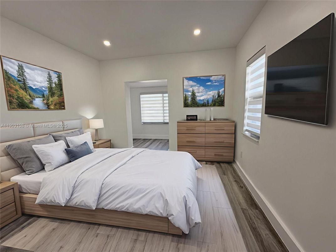 Bedroom, Interior, Recessed Lighting, Wood Texture Flooring