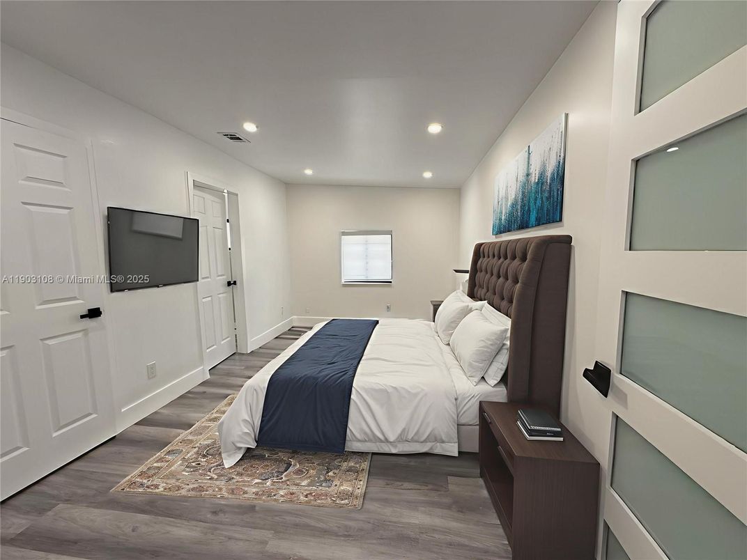 Bedroom, Interior, Recessed Lighting, Wood Texture Flooring