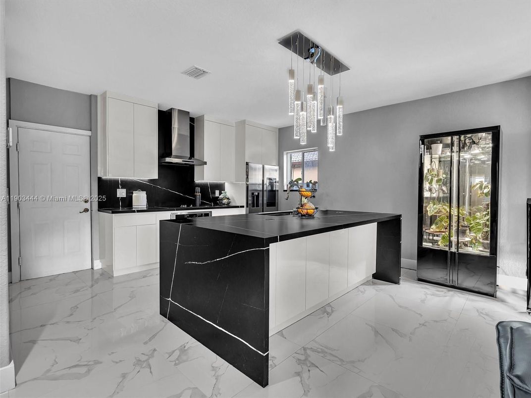 Interior, Kitchen, Marble, Pendant Lights, Stainless Steel Appliances