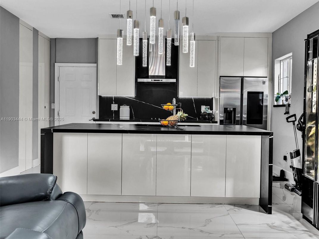 Interior, Kitchen, Marble, Pendant Lights, Stainless Steel Appliances