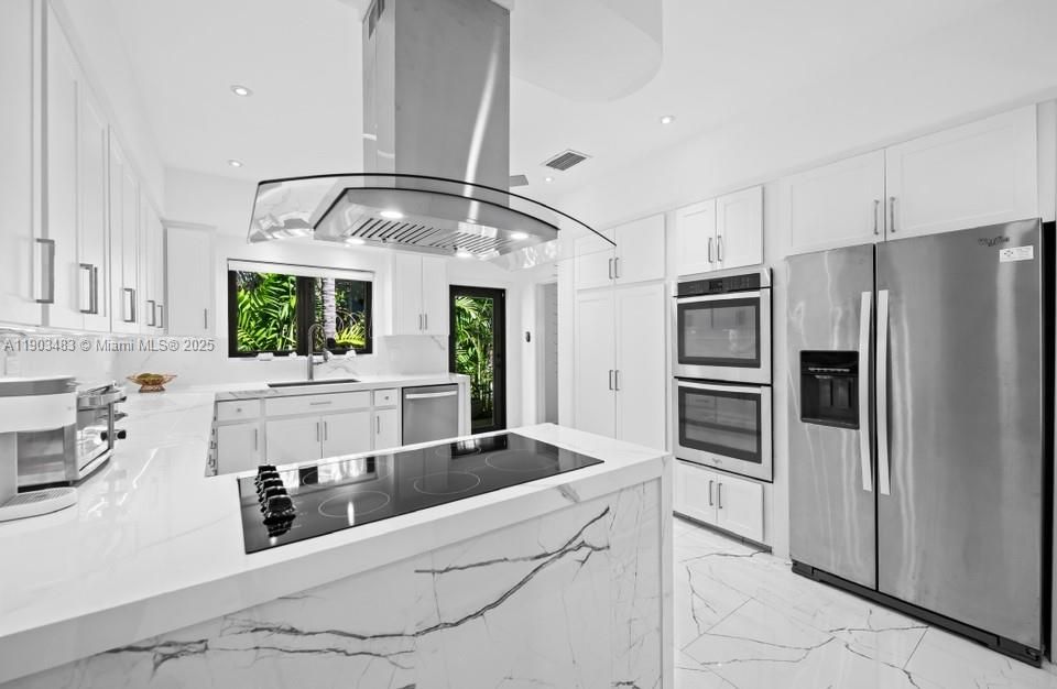 Interior, Kitchen, Marble, Recessed Lighting, Stainless Steel Appliances