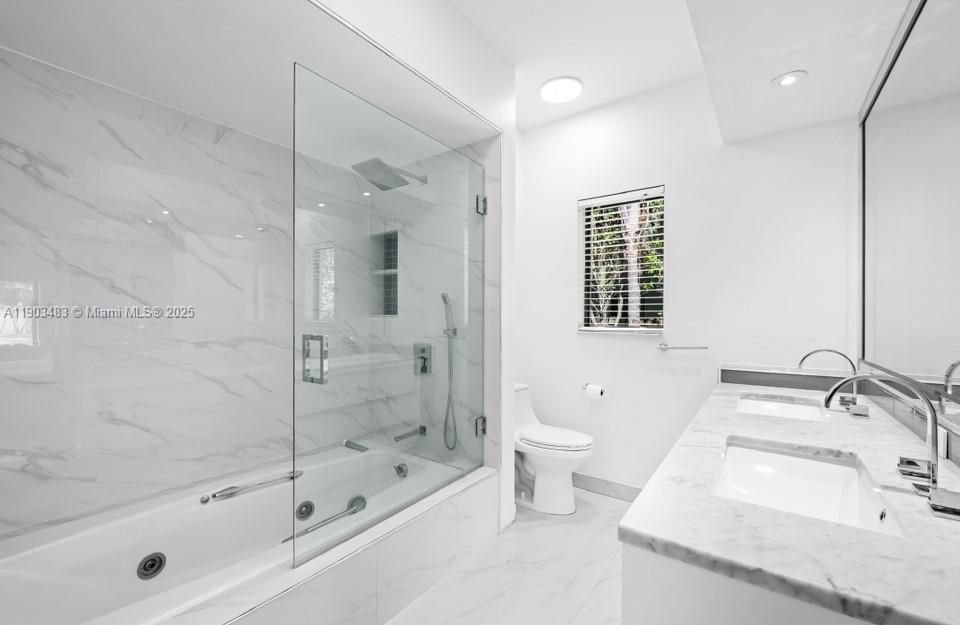 Bathroom, Glass Shower, Interior, Marble, Marble Walls, Recessed Lighting