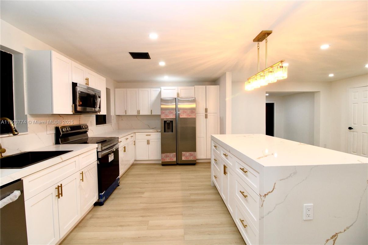 Interior, Kitchen, Pendant Lights, Recessed Lighting, Stainless Steel Appliances, Wood Texture Flooring