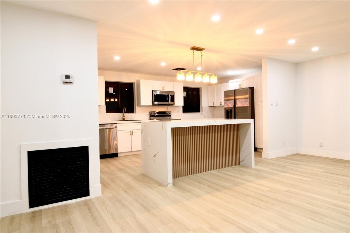 Interior, Kitchen, Pendant Lights, Recessed Lighting, Stainless Steel Appliances, Wood Texture Flooring
