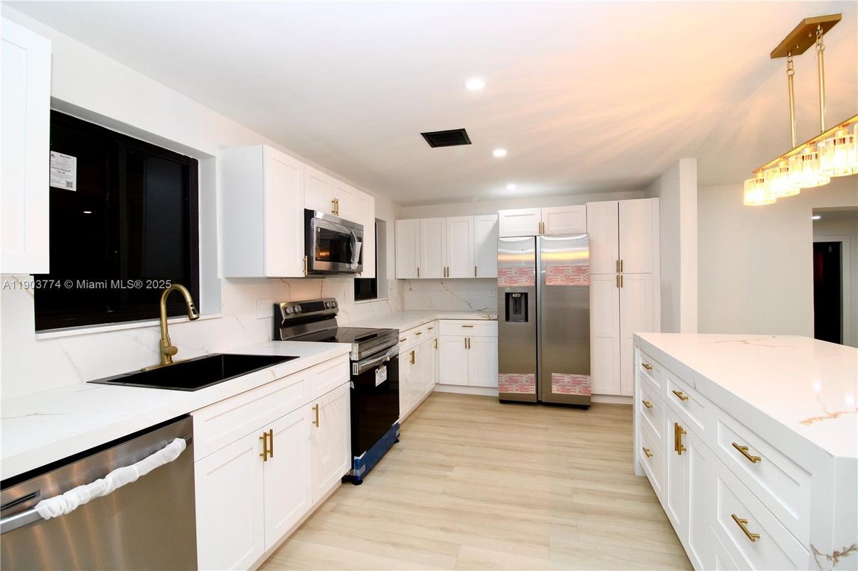 Interior, Kitchen, Pendant Lights, Recessed Lighting, Stainless Steel Appliances, Wood Texture Flooring