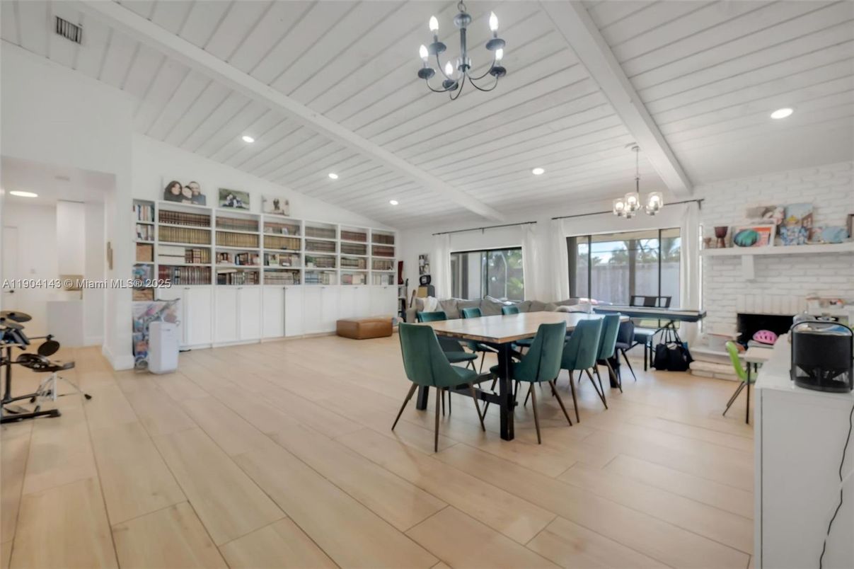 Chandelier, Dining room, Interior, Recessed Lighting, Stone Walls, Wood Texture Flooring