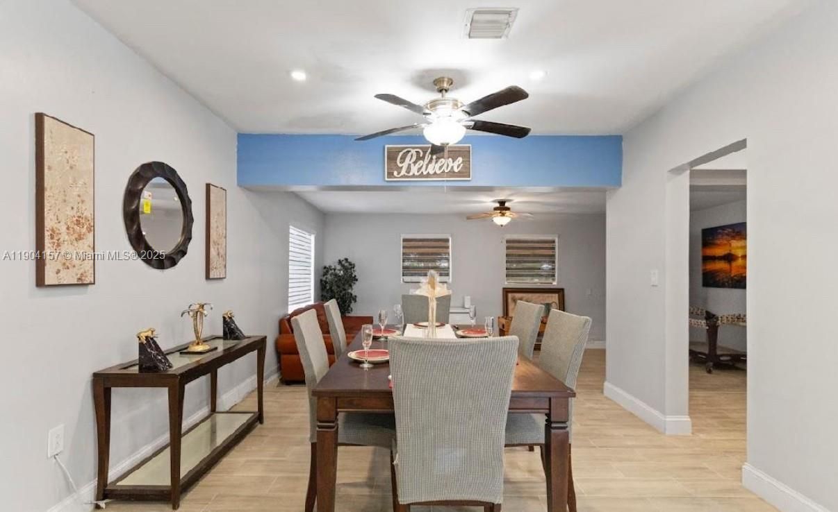 Dining room, Interior, Recessed Lighting, Wood Texture Flooring