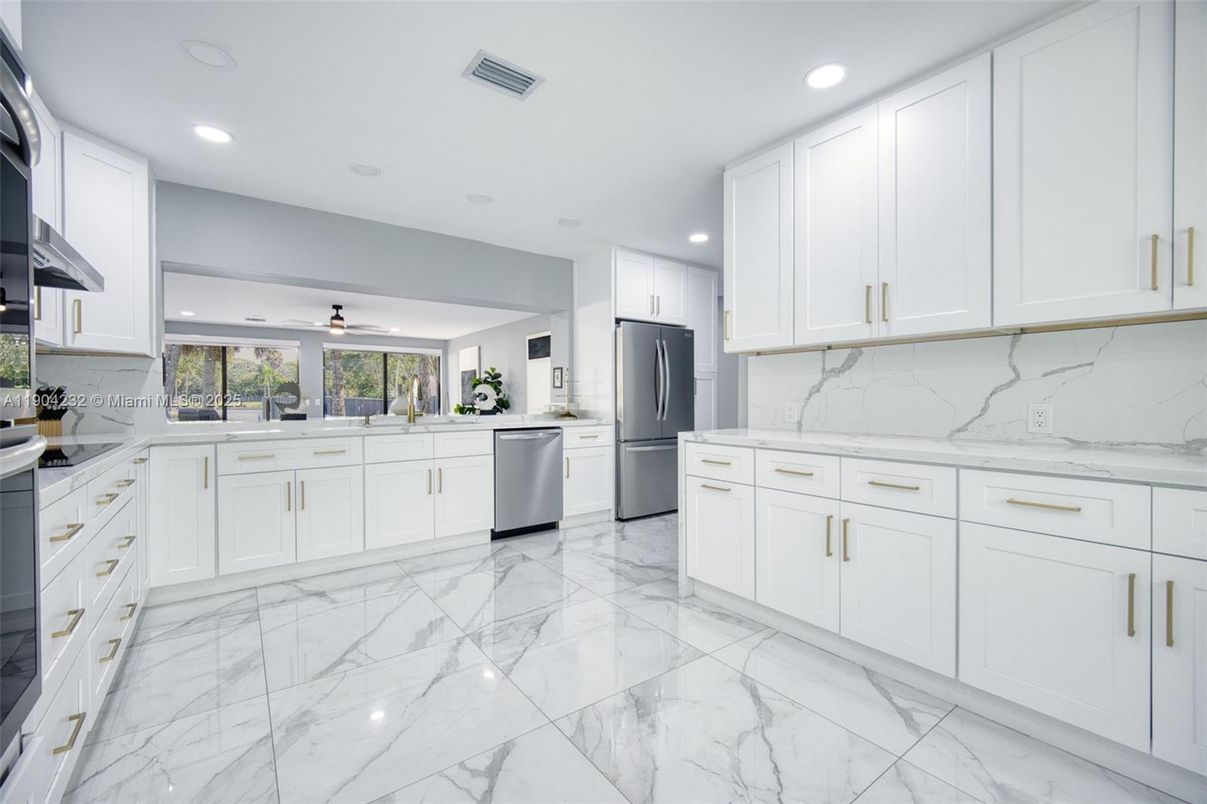 Interior, Kitchen, Marble, Recessed Lighting, Stainless Steel Appliances