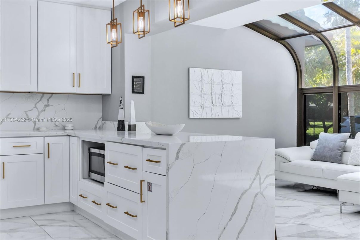 Interior, Kitchen, Marble, Marble Walls, Pendant Lights
