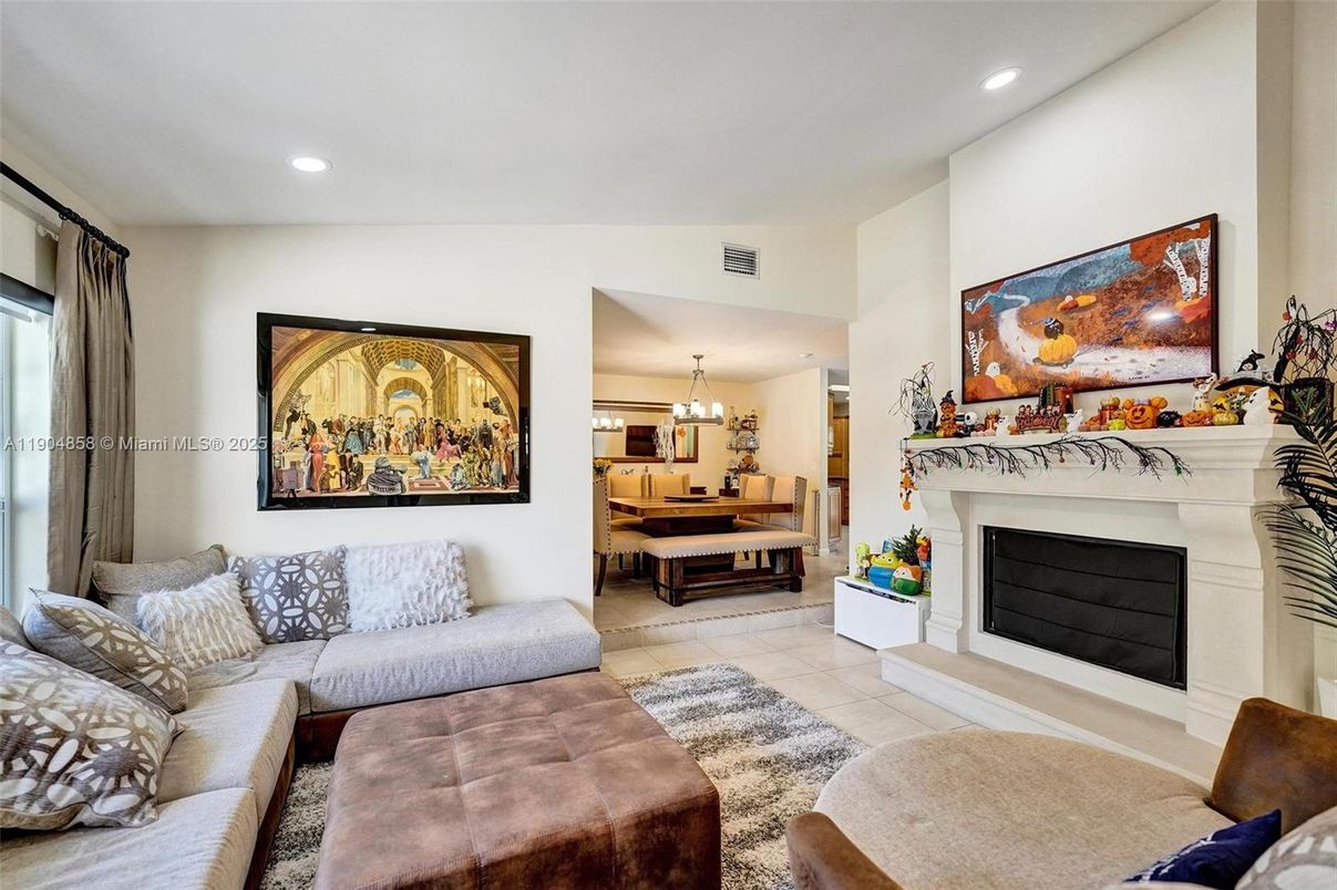 Chandelier, Dining room, Fireplace, Interior, Living room, Pendant Lights, Recessed Lighting