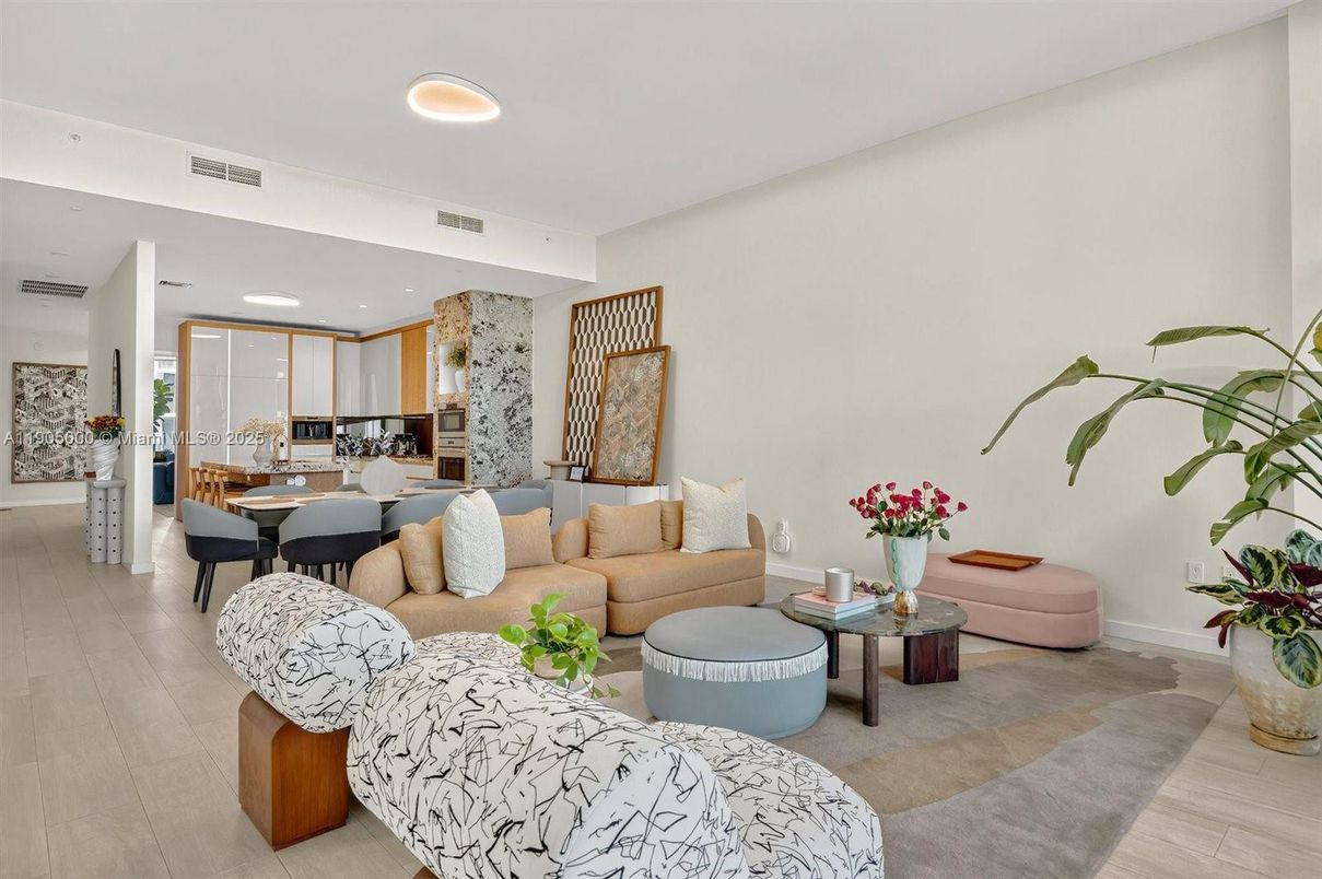 Dining room, Interior, Kitchen, Living room, Recessed Lighting, Stone Walls, Wood Texture Flooring