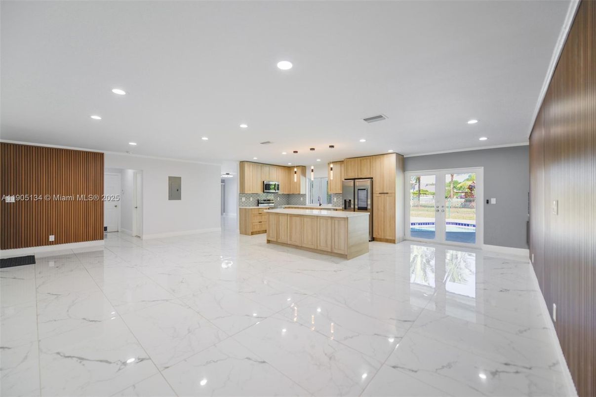 Interior, Kitchen, Marble, Recessed Lighting, Stainless Steel Appliances