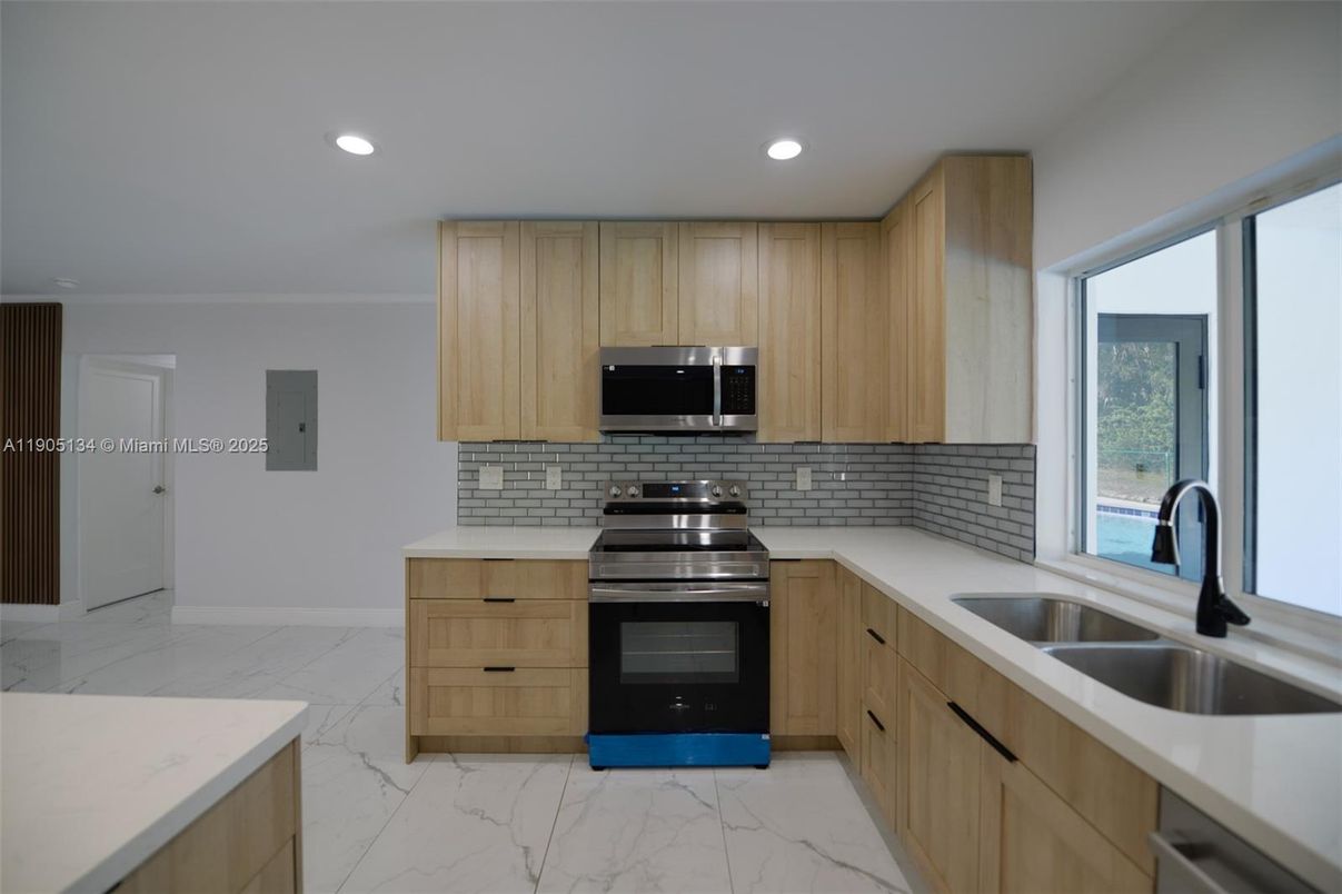 Interior, Kitchen, Marble, Recessed Lighting, Stainless Steel Appliances