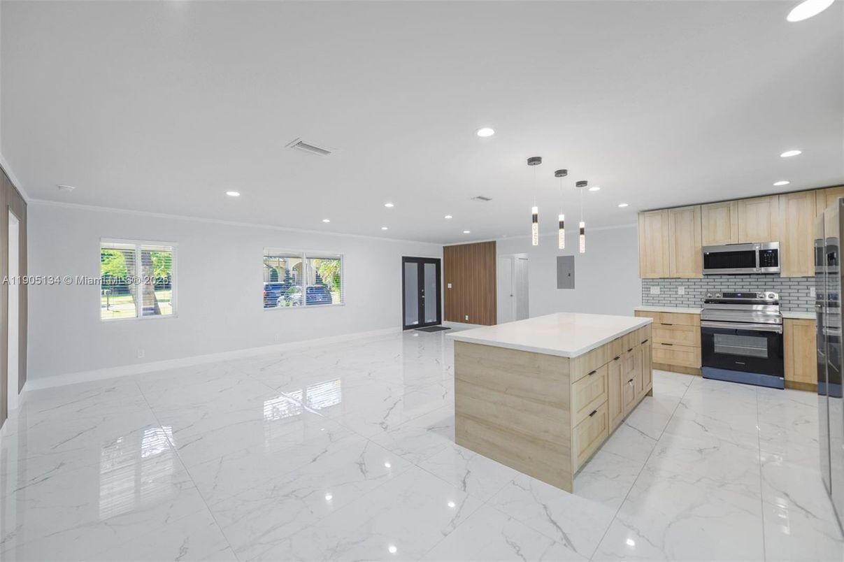 Interior, Kitchen, Marble, Pendant Lights, Recessed Lighting, Stainless Steel Appliances