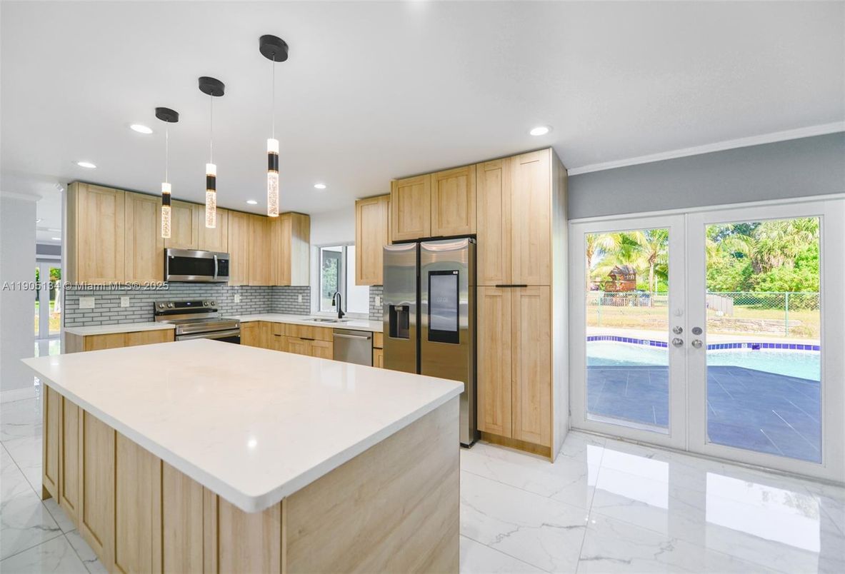 Interior, Kitchen, Marble, Pendant Lights, Recessed Lighting, Stainless Steel Appliances