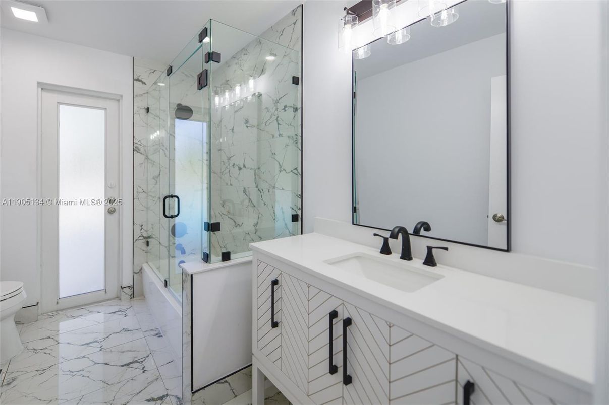 Bathroom, Glass Shower, Interior, Marble, Marble Walls, Recessed Lighting