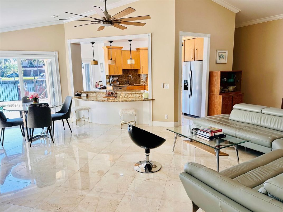 Dining room, Interior, Kitchen, Living room, Pendant Lights, Stainless Steel Appliances