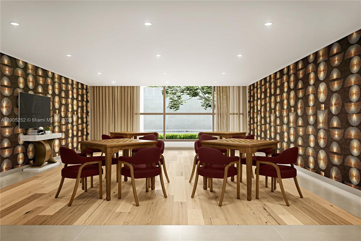 Dining room, Interior, Recessed Lighting, Wood Texture Flooring