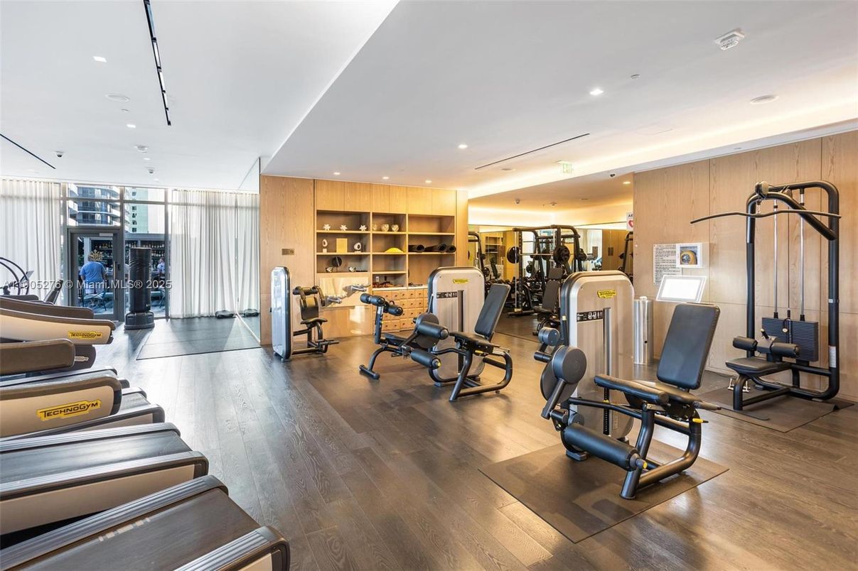 Fitness Equipment, Gym, Interior, Recessed Lighting, Wood Texture Flooring