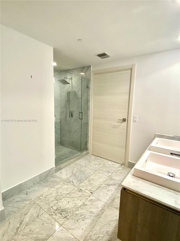 Bathroom, Glass Shower, Interior, Marble, Marble Walls, Recessed Lighting