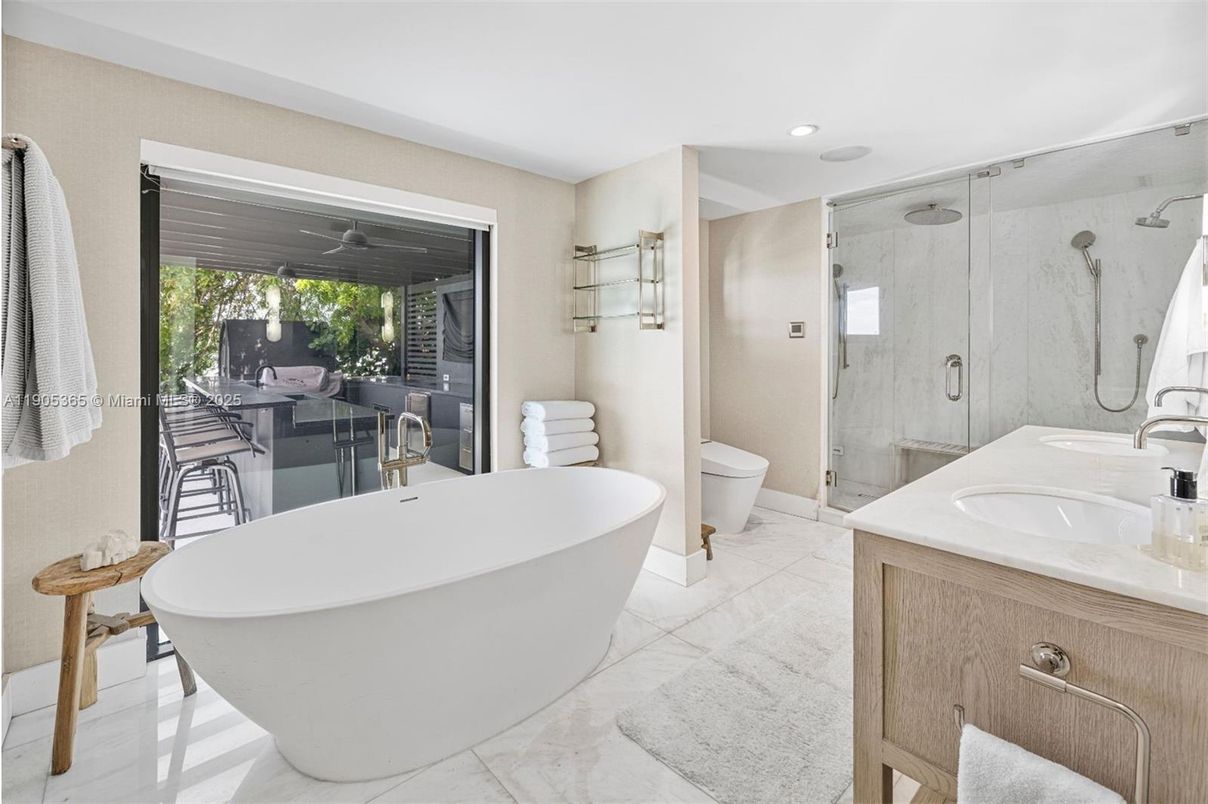 Bathroom, Dual Sink Vanities, Free Standing Baths, Glass Shower, Interior, Marble, Recessed Lighting