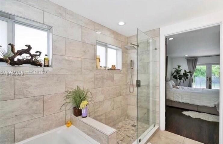 Bathroom, Bedroom, Glass Shower, Interior, Recessed Lighting, Wood Texture Flooring