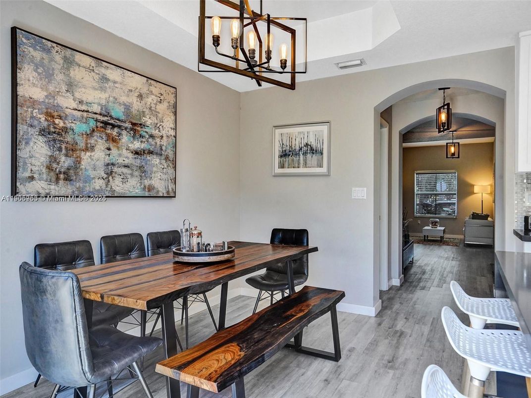 Dining room, Interior, Pendant Lights, Wood Texture Flooring