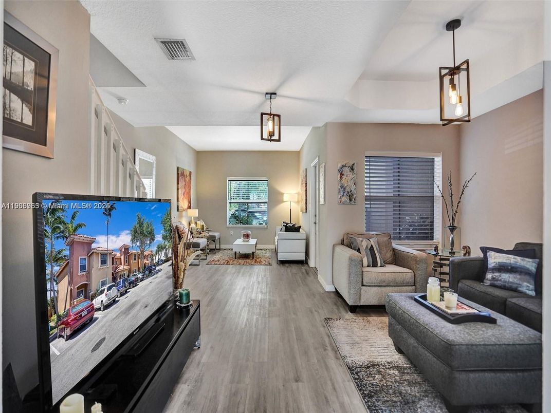 Interior, Living room, Pendant Lights, Wood Texture Flooring