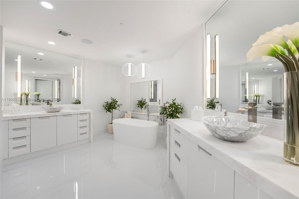 Bathroom, Dual Sink Vanities, Free Standing Baths, Interior, Marble, Pendant Lights, Recessed Lighting