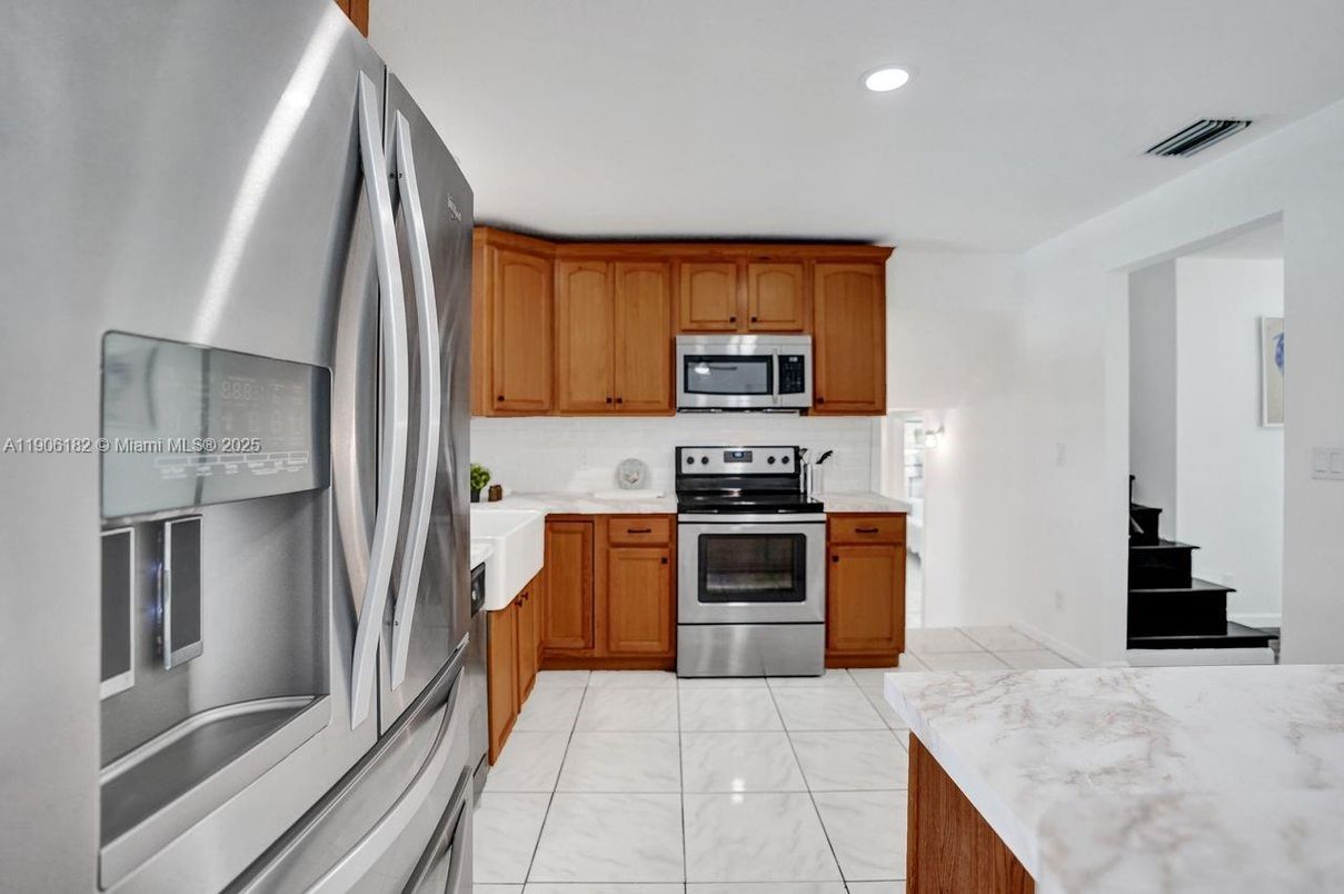 Interior, Kitchen, Marble, Recessed Lighting, Stainless Steel Appliances