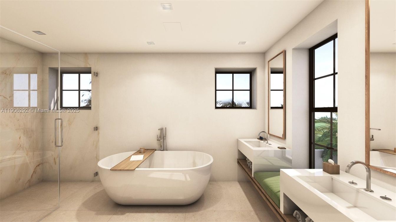 Bathroom, Dual Sink Vanities, Free Standing Baths, Glass Shower, Interior, Marble Walls, Recessed Lighting