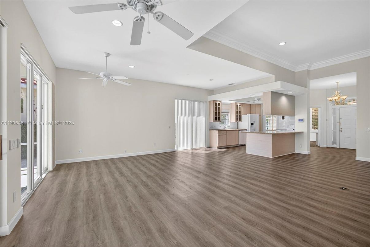 Empty room, Interior, Kitchen, Recessed Lighting, Wood Texture Flooring