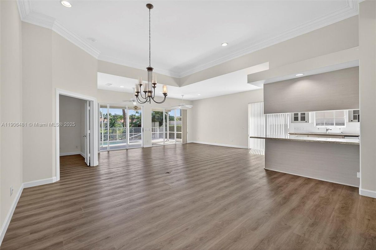 Chandelier, Empty room, Interior, Kitchen, Recessed Lighting, Wood Texture Flooring