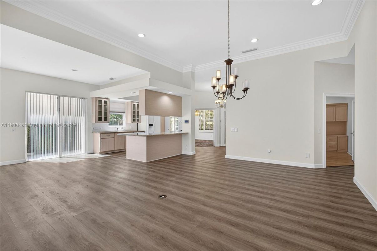 Chandelier, Empty room, Interior, Kitchen, Pendant Lights, Recessed Lighting, Wood Texture Flooring