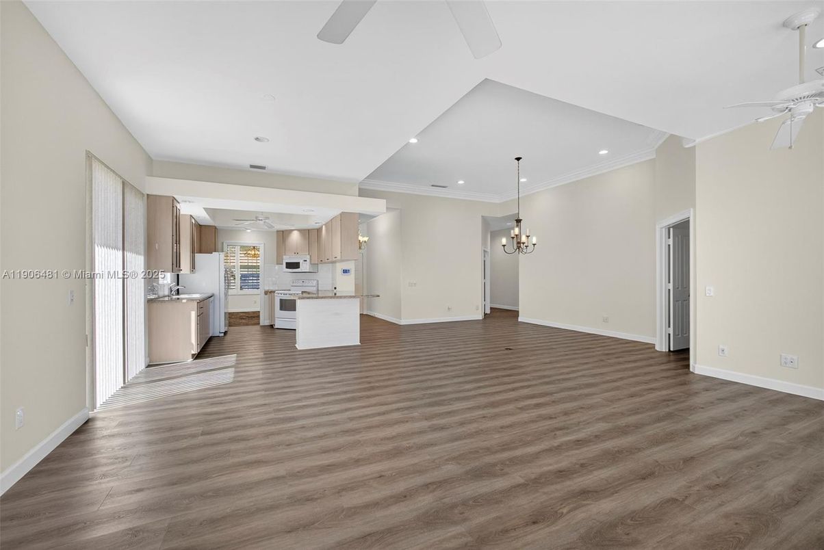 Chandelier, Empty room, Interior, Kitchen, Pendant Lights, Recessed Lighting, Wood Texture Flooring