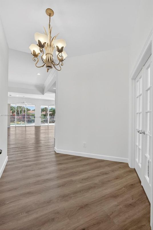 Chandelier, Empty room, Interior, Recessed Lighting, Wood Texture Flooring