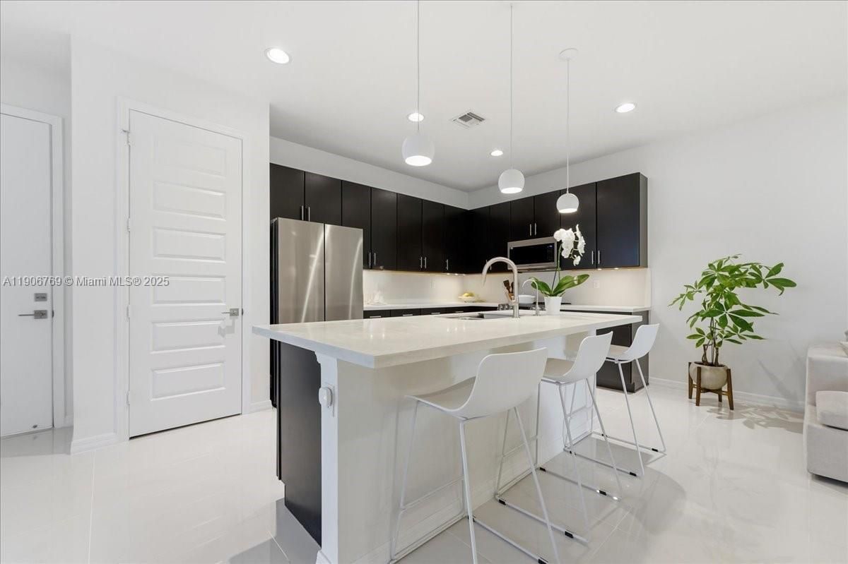 Interior, Kitchen, Marble, Pendant Lights, Recessed Lighting, Stainless Steel Appliances