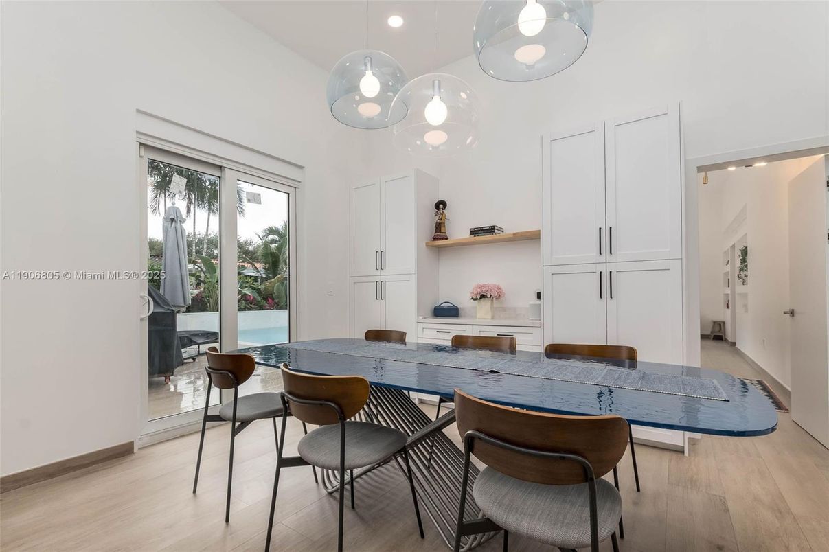 Dining room, Interior, Pendant Lights, Wood Texture Flooring